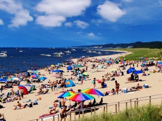 Oval Beach aerial view with umbrellas
