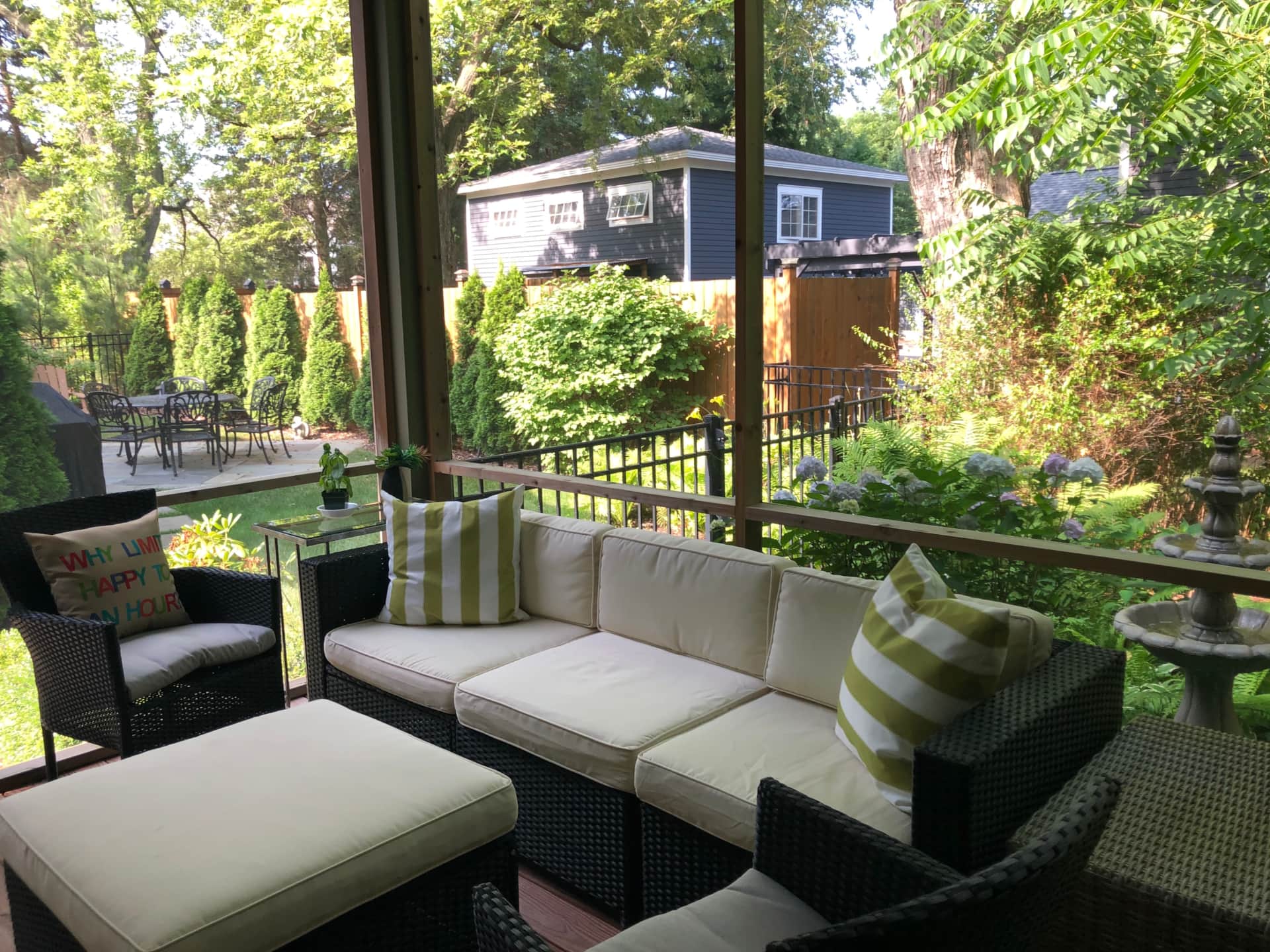 Screened porch seating, wide view
